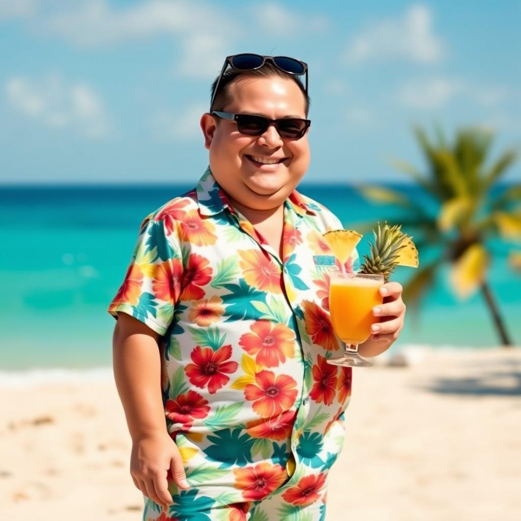 A short, chubby man with a cheerful smile, wearing a colorful Hawaiian shirt and comfortable shorts, standing in a sunny beach setting