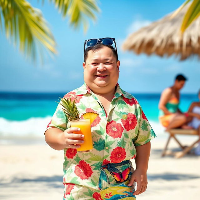 A short, chubby man with a cheerful smile, wearing a colorful Hawaiian shirt and comfortable shorts, standing in a sunny beach setting