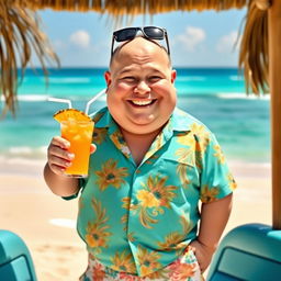 A short, chubby man with a cheerful smile, wearing a colorful Hawaiian shirt and comfortable shorts, standing in a sunny beach setting