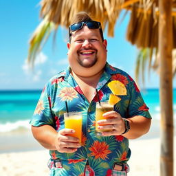 A short, chubby man with a cheerful smile, wearing a colorful Hawaiian shirt and comfortable shorts, standing in a sunny beach setting