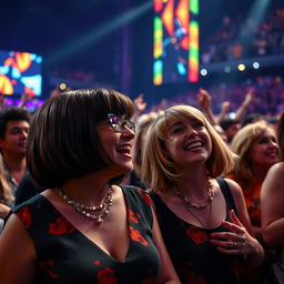 A lively scene at a Stevie Wonder concert, featuring a crowd of diverse concert-goers enjoying the music