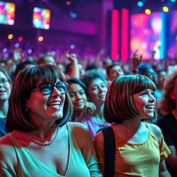 A lively scene at a Stevie Wonder concert, featuring a crowd of diverse concert-goers enjoying the music