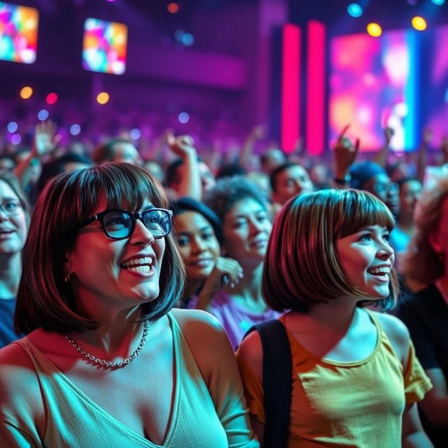 A lively scene at a Stevie Wonder concert, featuring a crowd of diverse concert-goers enjoying the music