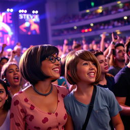 A lively scene at a Stevie Wonder concert, featuring a crowd of diverse concert-goers enjoying the music