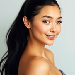 A beautiful woman with large breasts and a clean face, featuring a warm yellowish skin tone