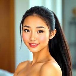 A beautiful woman with large breasts and a clean face, featuring a warm yellowish skin tone