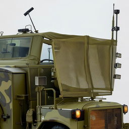 An open-back military truck equipped with a radio antenna, displaying robust and rugged design features.