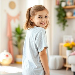 A cute girl wearing a slightly oversized t-shirt, standing in a playful pose as she looks over her shoulder