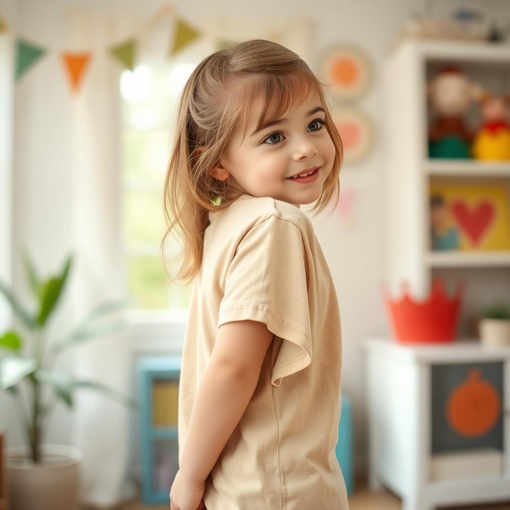 A cute girl wearing a slightly oversized t-shirt, standing in a playful pose as she looks over her shoulder