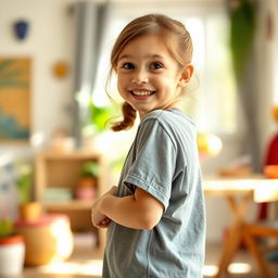 A cute girl wearing a slightly oversized t-shirt, standing in a playful pose as she looks over her shoulder