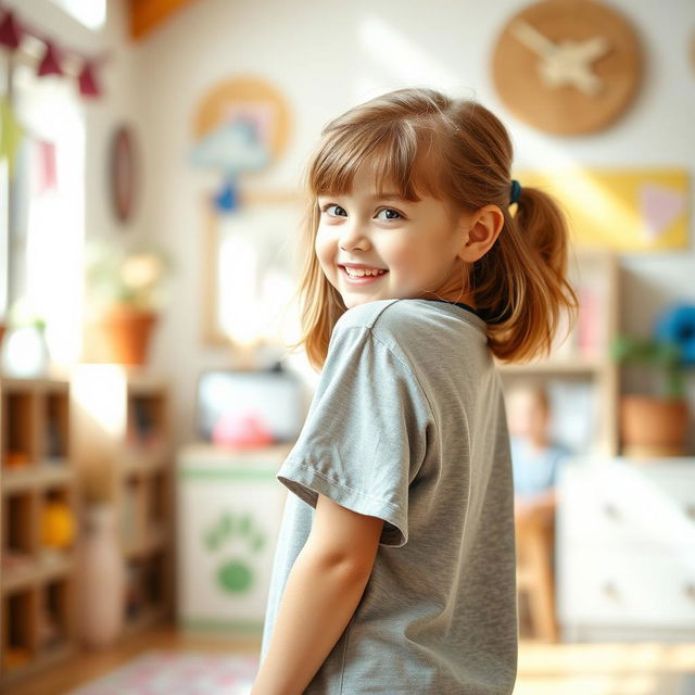 A cute girl wearing a slightly oversized t-shirt, standing in a playful pose as she looks over her shoulder