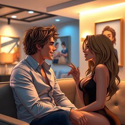 A stylish and seductive chat room scene featuring two attractive individuals engaged in an intimate conversation