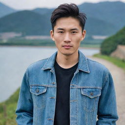 A Chinese man with an elongated face and short hair, wearing a denim jacket, shirt, and jeans, with a scenic background.