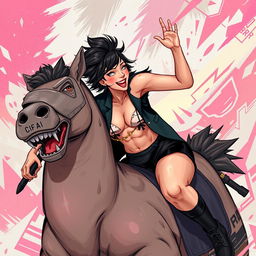 A dynamic scene featuring an Asian femboy with alluring features, confidently riding an enormous bbc
