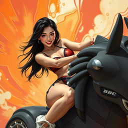 A dynamic scene featuring an Asian femboy with alluring features, confidently riding an enormous bbc