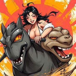 A dynamic scene featuring an Asian femboy with alluring features, confidently riding an enormous bbc