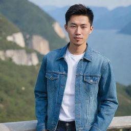 A Chinese man with an elongated face and short hair, wearing a denim jacket, shirt, and jeans, with a scenic background.