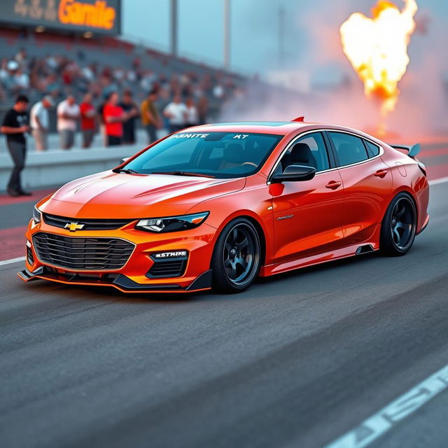 A two-door Chevrolet Malibu designed in a vibrant orange color, featuring modern design elements