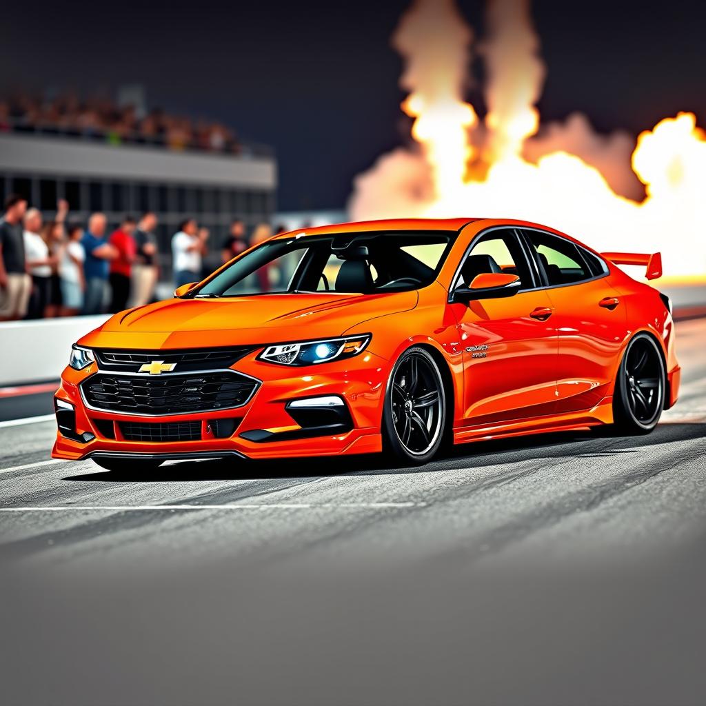 A two-door Chevrolet Malibu designed in a vibrant orange color, featuring modern design elements