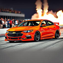 A two-door Chevrolet Malibu designed in a vibrant orange color, featuring modern design elements