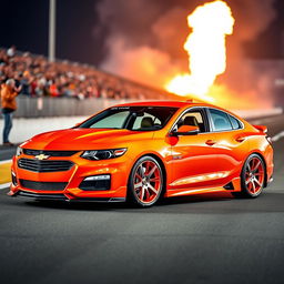 A two-door Chevrolet Malibu designed in a vibrant orange color, featuring modern design elements