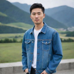 A Chinese man with an elongated face and short hair, wearing a denim jacket, shirt, and jeans, with a scenic background.