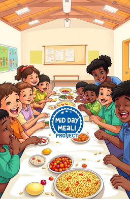 A vibrant and colorful illustration showcasing a group of happy children enjoying their midday meal together in a spacious school setting