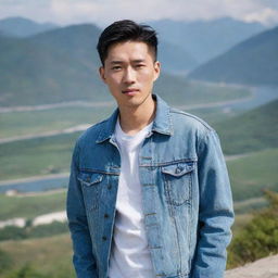 A Chinese man with an elongated face and short hair, wearing a denim jacket, shirt, and jeans, with a scenic background.