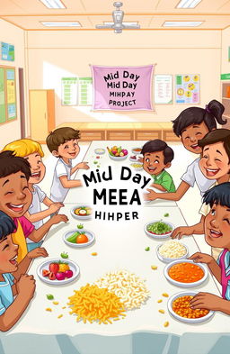 A vibrant and colorful illustration showcasing a group of happy children enjoying their midday meal together in a spacious school setting