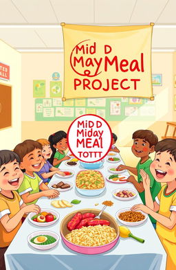 A vibrant and colorful illustration showcasing a group of happy children enjoying their midday meal together in a spacious school setting