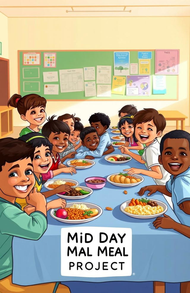 A vibrant and colorful illustration showcasing a group of happy children enjoying their midday meal together in a spacious school setting