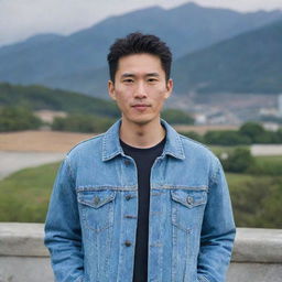 A Chinese man with an elongated face and short, straight hair, wearing a denim jacket, shirt, and jeans, with a scenic background.