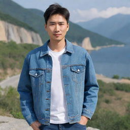 A Chinese man with an elongated face and short, straight hair, wearing a denim jacket, shirt, and jeans, with a scenic background.