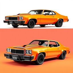 An intense orange color designed for a 1976 Chevrolet Malibu special edition, showcasing a two-door sleek design