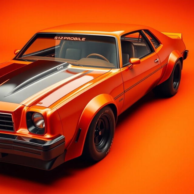 An intense orange color designed for a 1976 Chevrolet Malibu special edition, showcasing a two-door sleek design