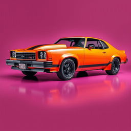 An intense orange color designed for a 1976 Chevrolet Malibu special edition, showcasing a two-door sleek design