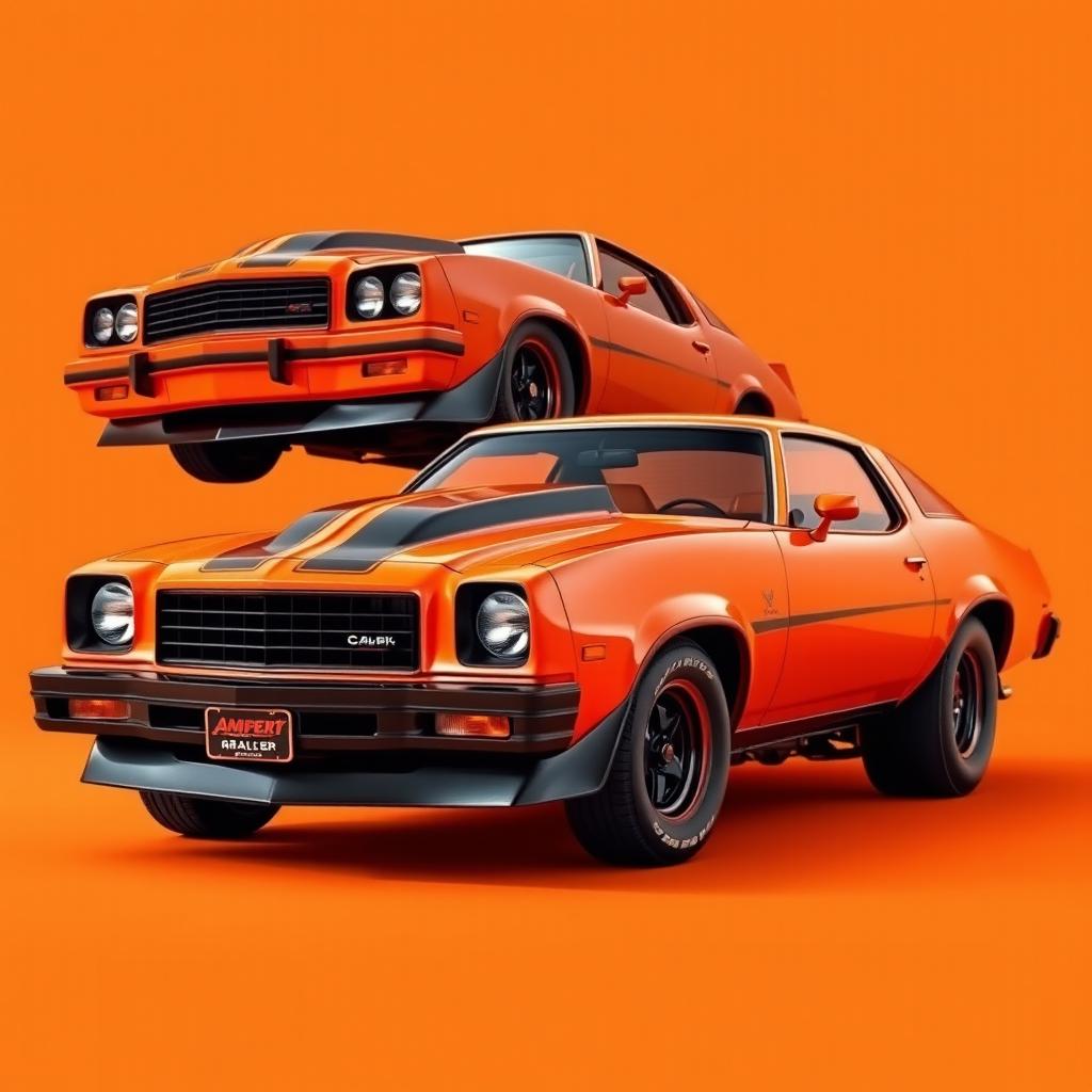 An intense orange color designed for a 1976 Chevrolet Malibu special edition, showcasing a two-door sleek design