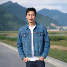 A Chinese man with an elongated face and short, straight hair, wearing a denim jacket, shirt, and jeans, with a scenic background.