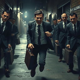 A dramatic scene depicting a businessman running frantically through a dark urban environment, with a look of sheer panic on his face