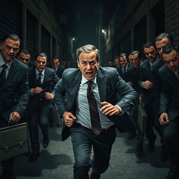 A dramatic scene depicting a businessman running frantically through a dark urban environment, with a look of sheer panic on his face