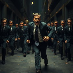 A dramatic scene depicting a businessman running frantically through a dark urban environment, with a look of sheer panic on his face