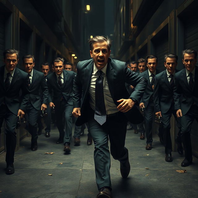 A dramatic scene depicting a businessman running frantically through a dark urban environment, with a look of sheer panic on his face