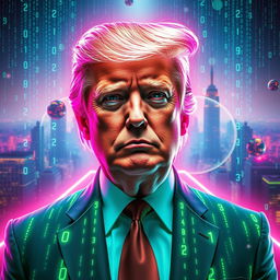 A surreal interpretation of Donald Trump as a character in a digital matrix, surrounded by floating numbers and data streams, with a futuristic city skyline in the background