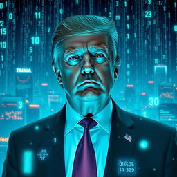 A surreal interpretation of Donald Trump as a character in a digital matrix, surrounded by floating numbers and data streams, with a futuristic city skyline in the background