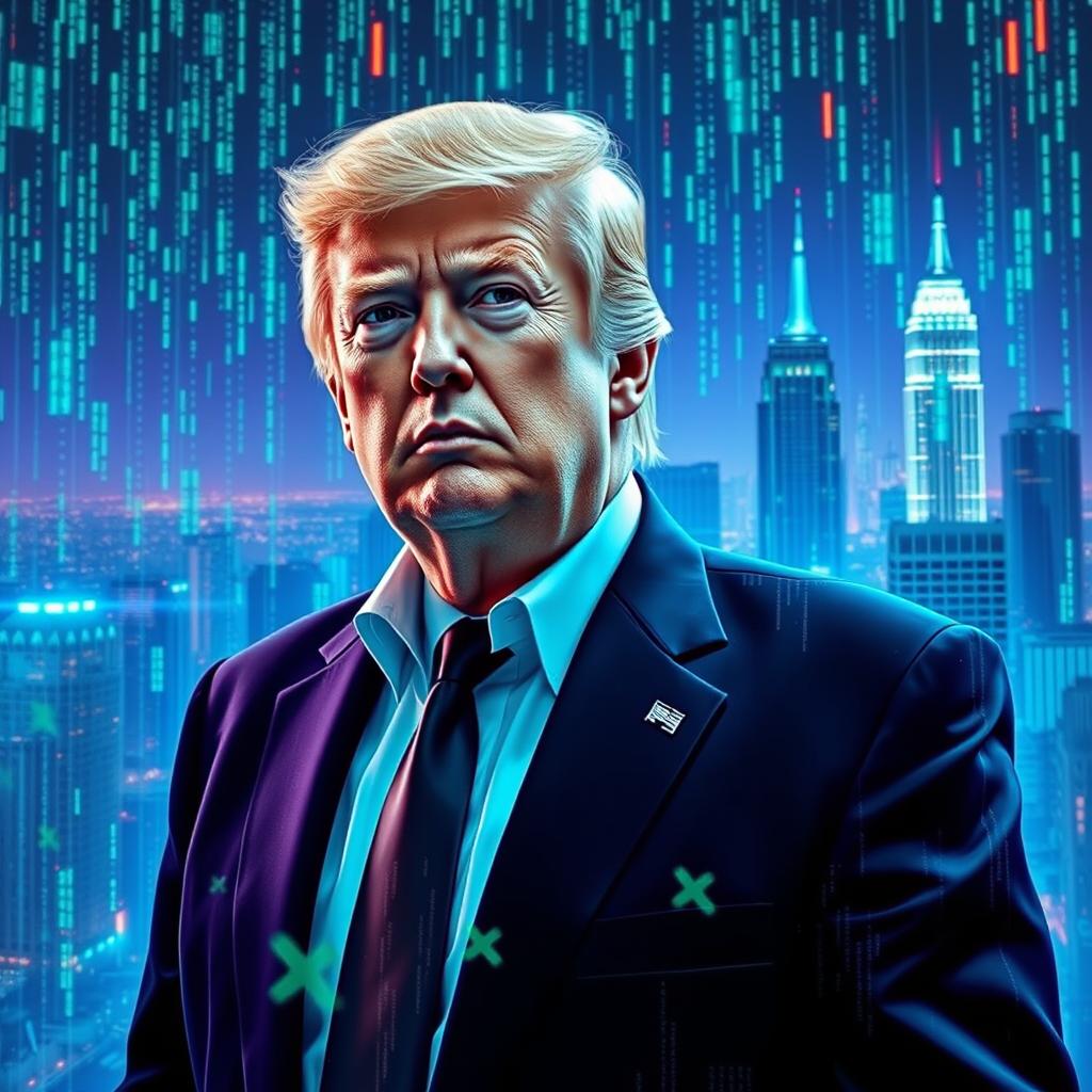 A surreal interpretation of Donald Trump as a character in a digital matrix, surrounded by floating numbers and data streams, with a futuristic city skyline in the background