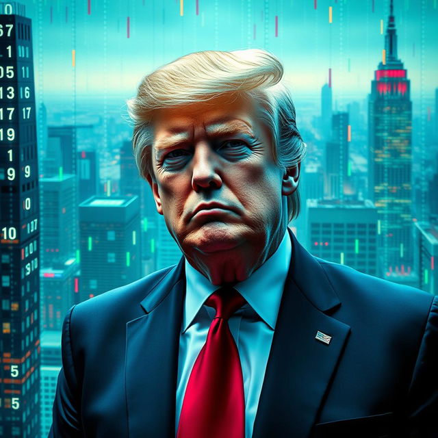 A surreal interpretation of Donald Trump as a character in a digital matrix, surrounded by floating numbers and data streams, with a futuristic city skyline in the background