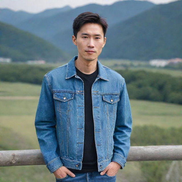 A Chinese man with an elongated face and short, straight hair, wearing a denim jacket, shirt, and jeans, with a scenic background.