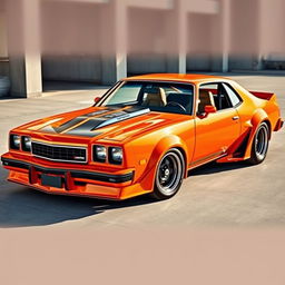 A vibrant, intense orange color applied to a 1976 Chevrolet Malibu, special edition two-door, redesigned for competitive street racing