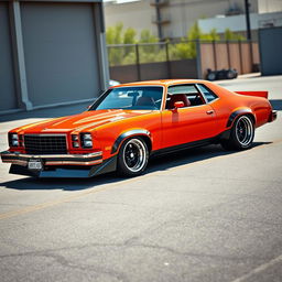 A vibrant, intense orange color applied to a 1976 Chevrolet Malibu, special edition two-door, redesigned for competitive street racing