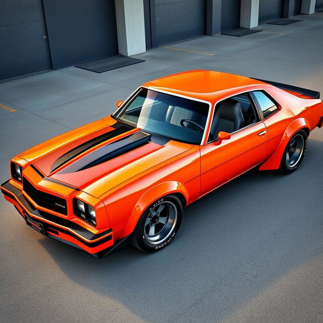 A vibrant, intense orange color applied to a 1976 Chevrolet Malibu, special edition two-door, redesigned for competitive street racing